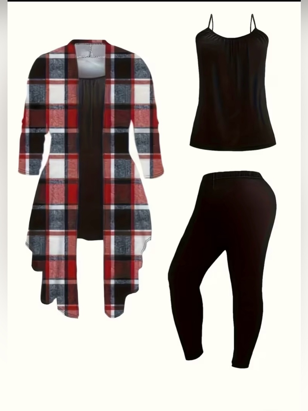 Women’s Outfit Set Red & Black Plaid Cardigan with Black Tank & Leggings Size M